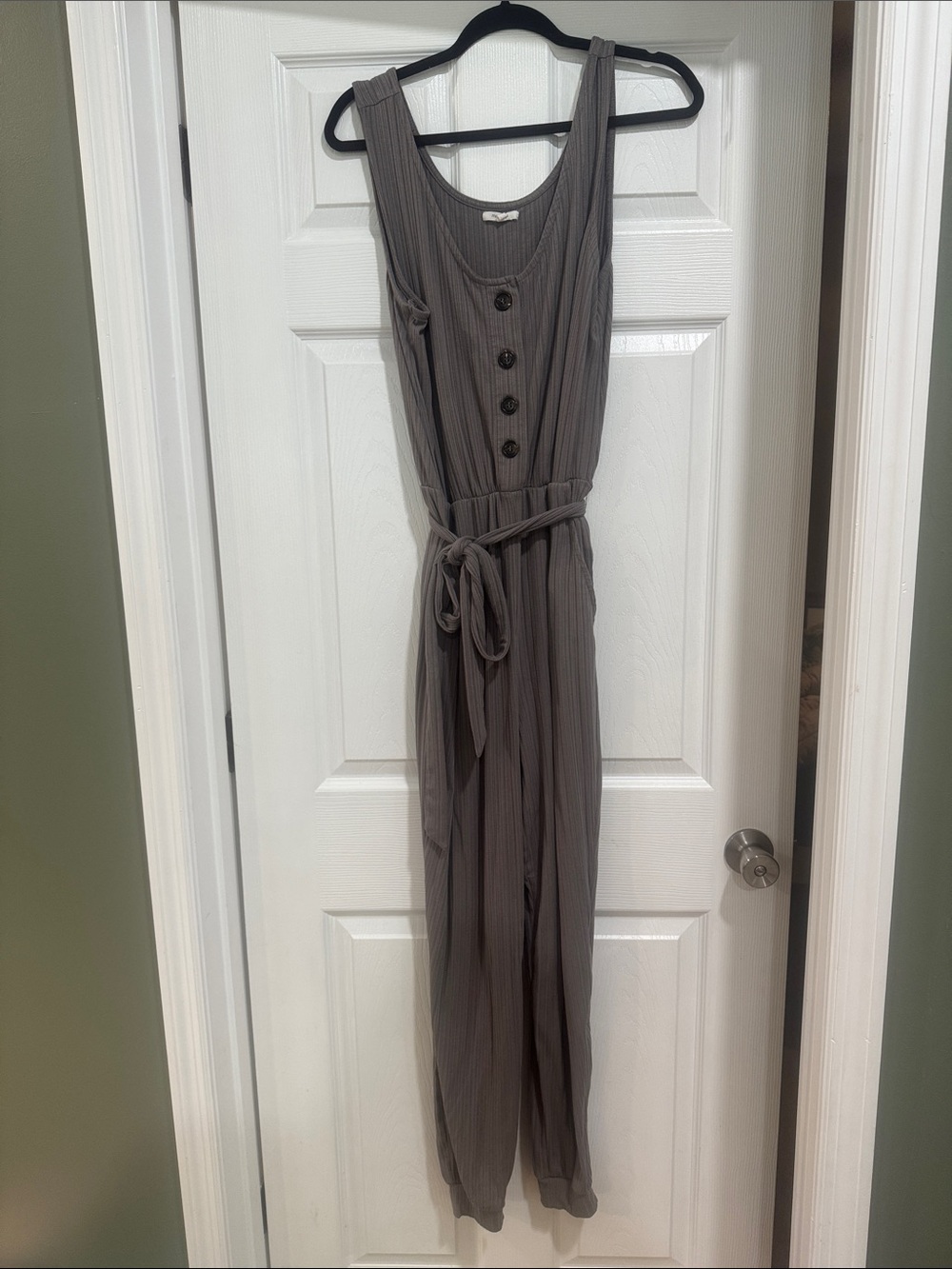 Maurice’s Sleeveless Taupe Jumpsuit with Button Front and Waist Tie